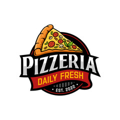 Pizzeria Vector Emblem on blackboard. Pizza logo template. Vector emblem for cafe, restaurant or food delivery service.