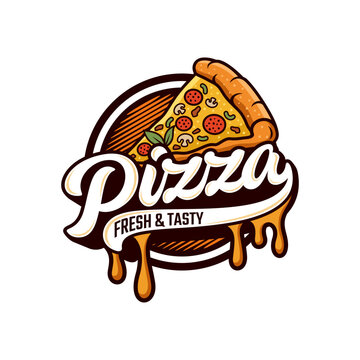 Pizzeria Vector Emblem on blackboard. Pizza logo template. Vector emblem for cafe, restaurant or food delivery service.