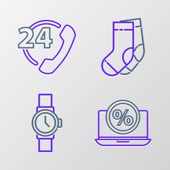 Set line Percent discount and laptop, Wrist watch, Socks and Telephone 24 hours support icon. Vector