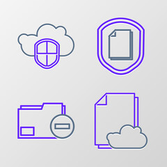 Set line Cloud storage text document, Document folder with minus, protection concept and and shield icon. Vector