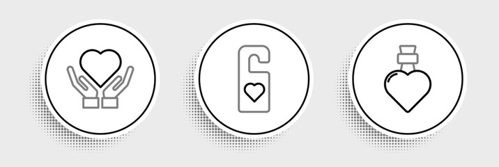 Set line Bottle with love potion, Heart hand and Please do not disturb heart icon. Vector