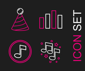 Set line Music note, tone, equalizer and Party hat icon. Vector
