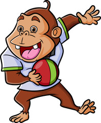 Obraz premium The chimpanzee is playing the catching ball and holding the ball