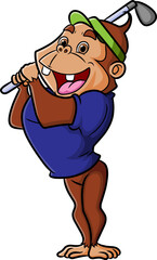 The happy chimpanzee is playing and posing as the professional golf player
