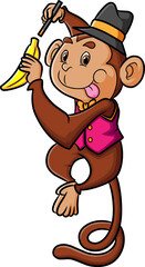 The magician monkey is changing the banana with magic stick