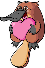 The cute platypus is holding the love pillow for valentine gift