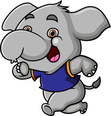 The cute elephant is running while wearing a shirt