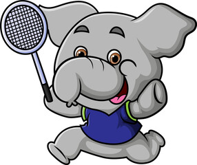 The little elephant is playing badminton and chasing shuttlecock