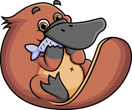 cartoon platypus eating fish, brown, cute clip art preview