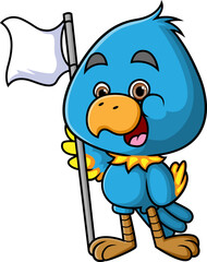 The bird is standing and holding a white flag to surrender