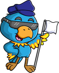 The cool bird is wearing sunglasses and cap while holding white flag