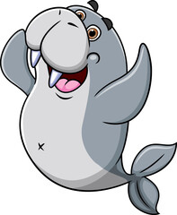 The happy walrus is saying greeting and waving the hand