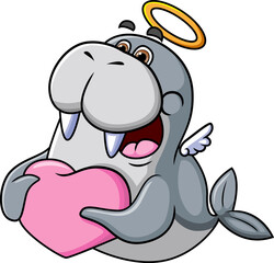 The cupid walrus is holding the pillow heart with the happy expression
