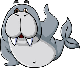 The cute walrus is laying down and waving the hand with the happy expression