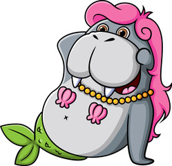 The cute mermaid walrus is wearing mermaid costume with the long tail