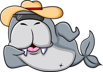 The cool walrus is laying down in the beach and wearing the sunglasses and straw hat