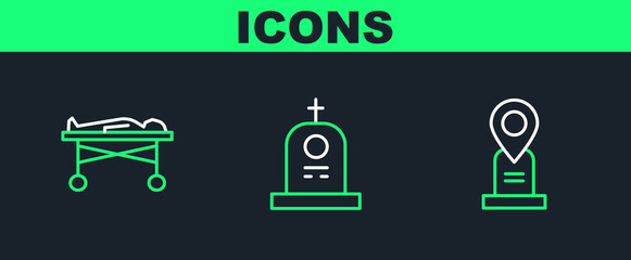 Set line Location grave, Dead body in the morgue and Grave with tombstone icon. Vector