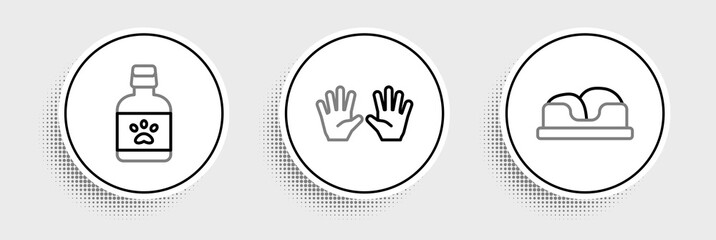 Set line Pet bed, Dog medicine bottle and Medical rubber gloves icon. Vector