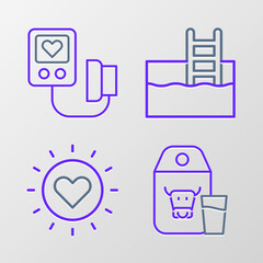 Set line Paper package for milk, Sun, Swimming pool with ladder and Blood pressure icon. Vector