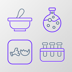 Set line Test tube and flask, Broken, and Mortar pestle icon. Vector