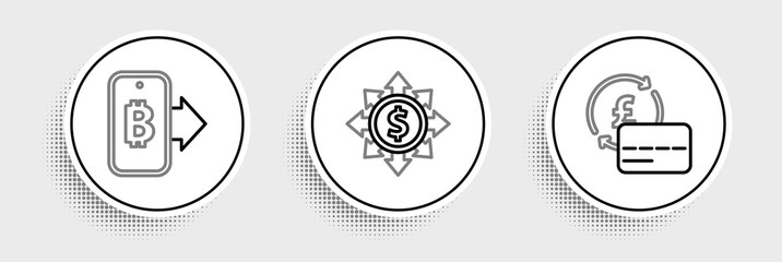 Set line Credit card, Mining bitcoin from mobile and Dollar, share, network icon. Vector