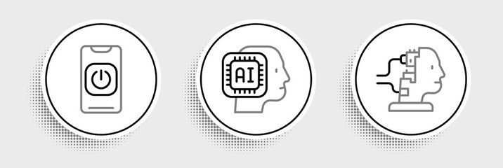 Set line Robot for maintenance, Turn off robot from phone and Humanoid icon. Vector