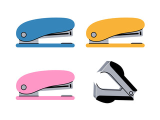 Set of multi-colored staplers and staple remover. Stationery, school and office supplies. Flat vector illustration