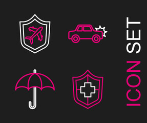 Set line Life insurance with shield, Umbrella, Car and Plane icon. Vector