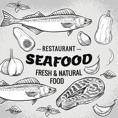 Vector set. Seafood Restaurant with fresh and natural food Seafood fish Illustration vintage style. Templates for designing sea shops, restaurants, and markets.