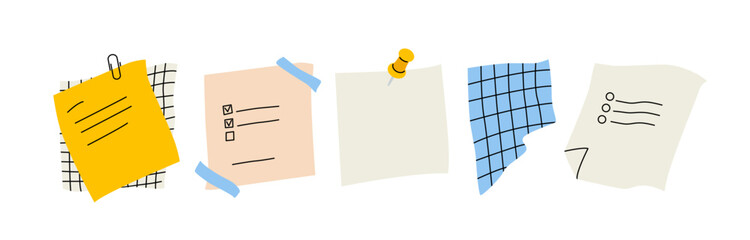 Paper notes. Various pieces of paper on stickers, sticky tape, button and paperclip. Blank templates, sheet for notes, to do list, reminders. Torn sheets of paper,checkered sheets. Vector illustration