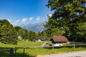 Rural landscape with classic farmhouse in the Swiss alps close to Brienz, Switzerland