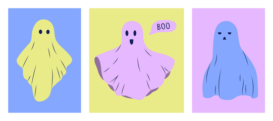 Ghost set. Funny multicolored ghost monsters on colored background for Halloween. Flying fabric, phantoms in different poses and with different emotions, cartoon creepy characters. Vector illustration