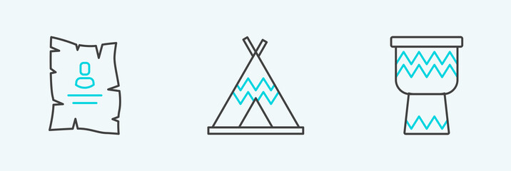 Set line Drum, Wanted western poster and Indian teepee or wigwam icon. Vector © Oksana