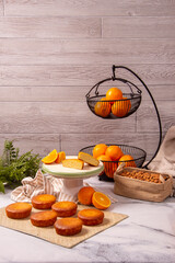 Homemade orange bread keto recipe. Decoration with fresh oranges and almonds