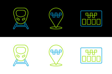Set line Taximeter, High-speed train and Location with taxi icon. Vector