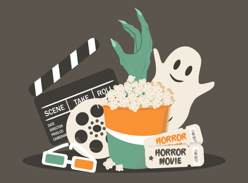 Vector Illustration In A Flat Style On The Theme Of Horror Films, Halloween Movies. Popcorn With A Zombie Hand, Film Reel, Clapperboard, Tickets, Ghost