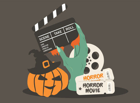 Vector Illustration In A Flat Style On The Theme Of Horror Films, Halloween Movies. Zombie Hand, Movie Clapperboard, Jack O Lantern, Tickets.