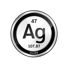 Silver symbol icon and chemical formulas atomic number scientific element. Periodic table in a silver. Ecology biochemistry concept. Isolated spheres on white background. 3D Vector.