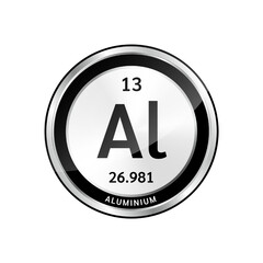 Aluminium symbol icon and chemical formulas atomic number scientific element. Periodic table in a silver. Ecology biochemistry concept. Isolated spheres on white background. 3D Vector.