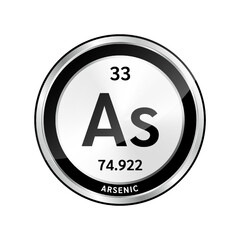 Arsenic symbol icon and chemical formulas atomic number scientific element. Periodic table in a silver. Ecology biochemistry concept. Isolated spheres on white background. 3D Vector.