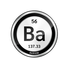 Barium symbol icon and chemical formulas atomic number scientific element. Periodic table in a silver. Ecology biochemistry concept. Isolated spheres on white background. 3D Vector.