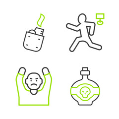 Set line Poison in bottle, Thief surrendering hands up, Murder and Lighter icon. Vector