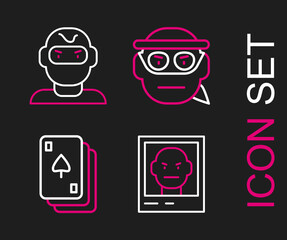 Set line Wanted poster, Playing cards, Bandit and Thief mask icon. Vector