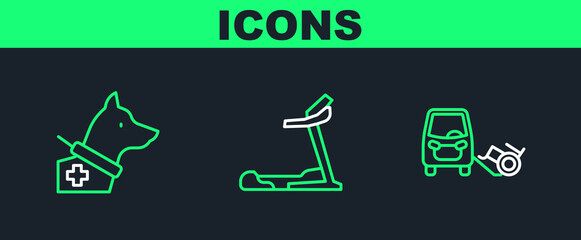 Set line Disabled car, Guide dog and Treadmill machine icon. Vector