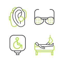 Set line Patient with broken leg, Disabled wheelchair, Blind glasses and Hearing aid icon. Vector