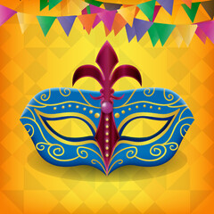 Carnival online party banner. Invitation card for live stream of festival. Mask with feathers for festive on fluid gradient background. Template for design flyer,poster. Vector illustration.

