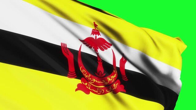 Loop of Brunei flag waving in wind on green screen texture background. Brunei flag video waving in wind
