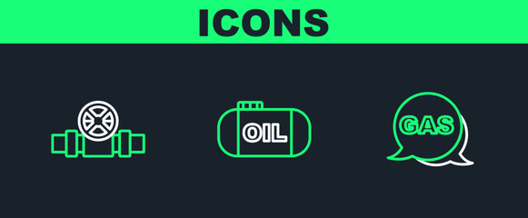 Set line Location and gas station, Metallic pipes valve and Oil tank storage icon. Vector