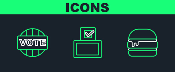 Set line Burger, Vote and box icon. Vector