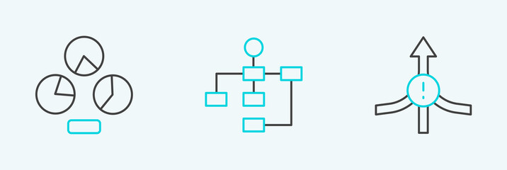 Set line Arrow, Pie chart infographic and Hierarchy organogram icon. Vector